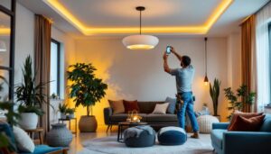 A photograph of a beautifully designed fall ceiling lamp installed in a cozy