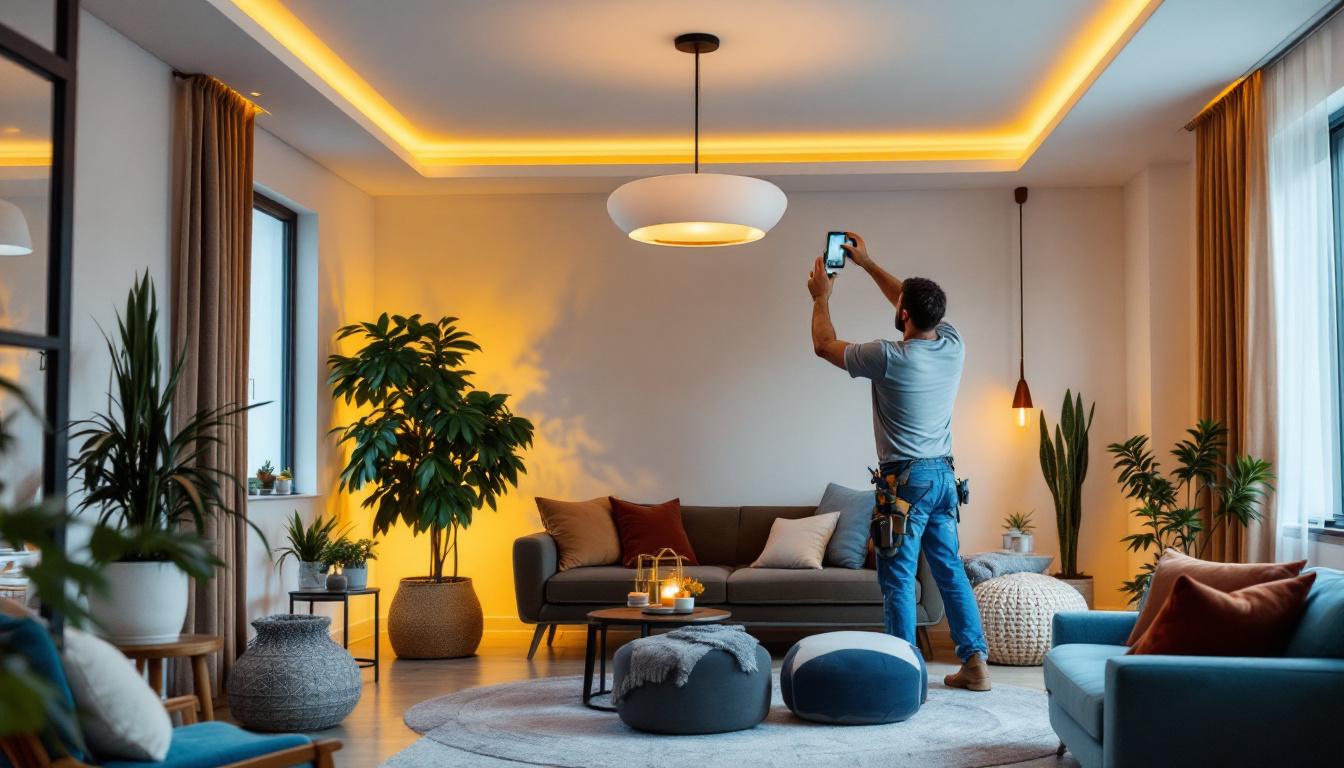 A photograph of a beautifully designed fall ceiling lamp installed in a cozy