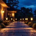 A photograph of a beautifully illuminated driveway entrance at dusk