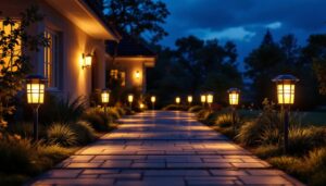 A photograph of a beautifully illuminated driveway entrance at dusk
