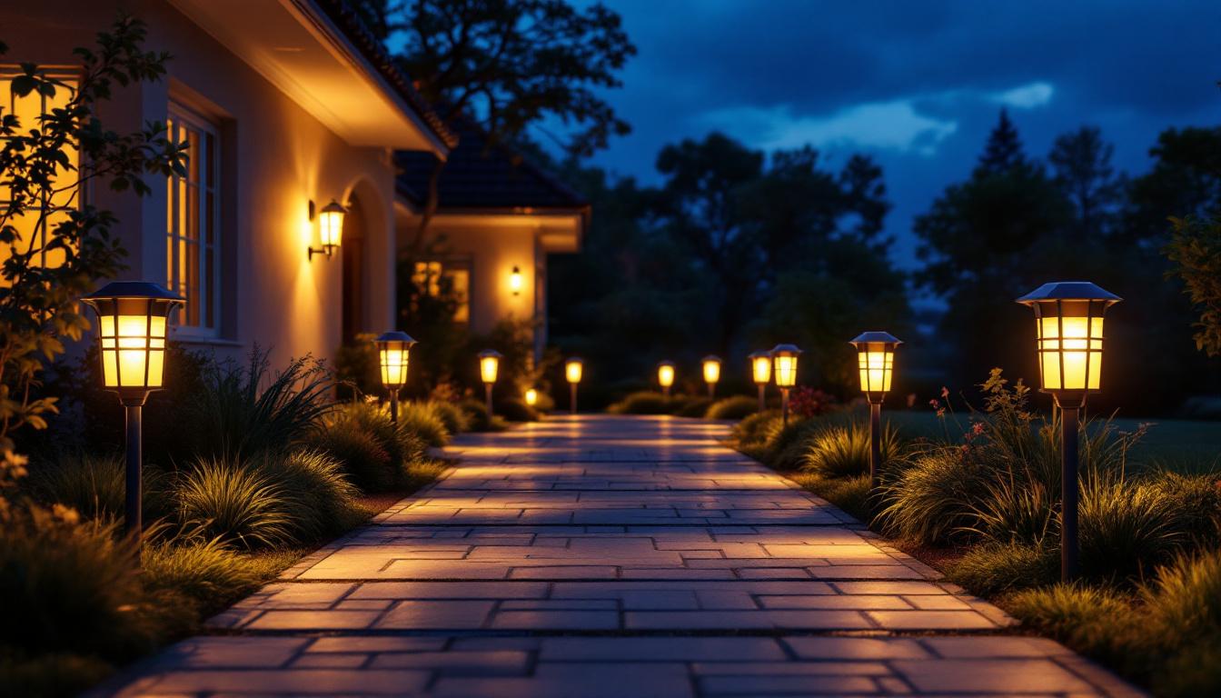 A photograph of a beautifully illuminated driveway entrance at dusk