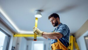 A photograph of a lighting contractor measuring and installing recessed lighting fixtures in a modern home