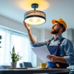 A photograph of a professional lighting contractor inspecting a stylish ceiling light fixture in a modern home setting