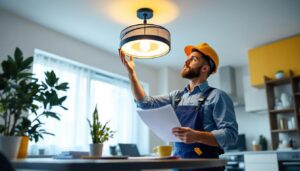 A photograph of a professional lighting contractor inspecting a stylish ceiling light fixture in a modern home setting