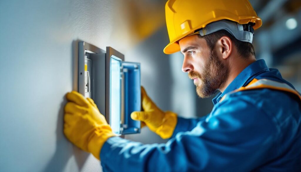 A photograph of a skilled lighting contractor installing an electrical junction box cover in a well-lit space