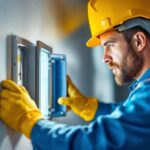 A photograph of a skilled lighting contractor installing an electrical junction box cover in a well-lit space