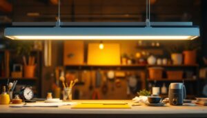 A photograph of a well-lit workspace featuring an 8-foot fluorescent light fixture installed overhead