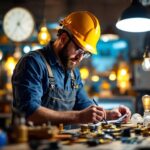 A photograph of a lighting contractor in action