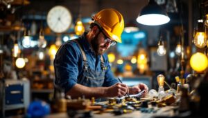 A photograph of a lighting contractor in action
