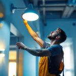 A photograph of a skilled lighting contractor expertly installing or adjusting a modern light fixture in a beautifully lit space