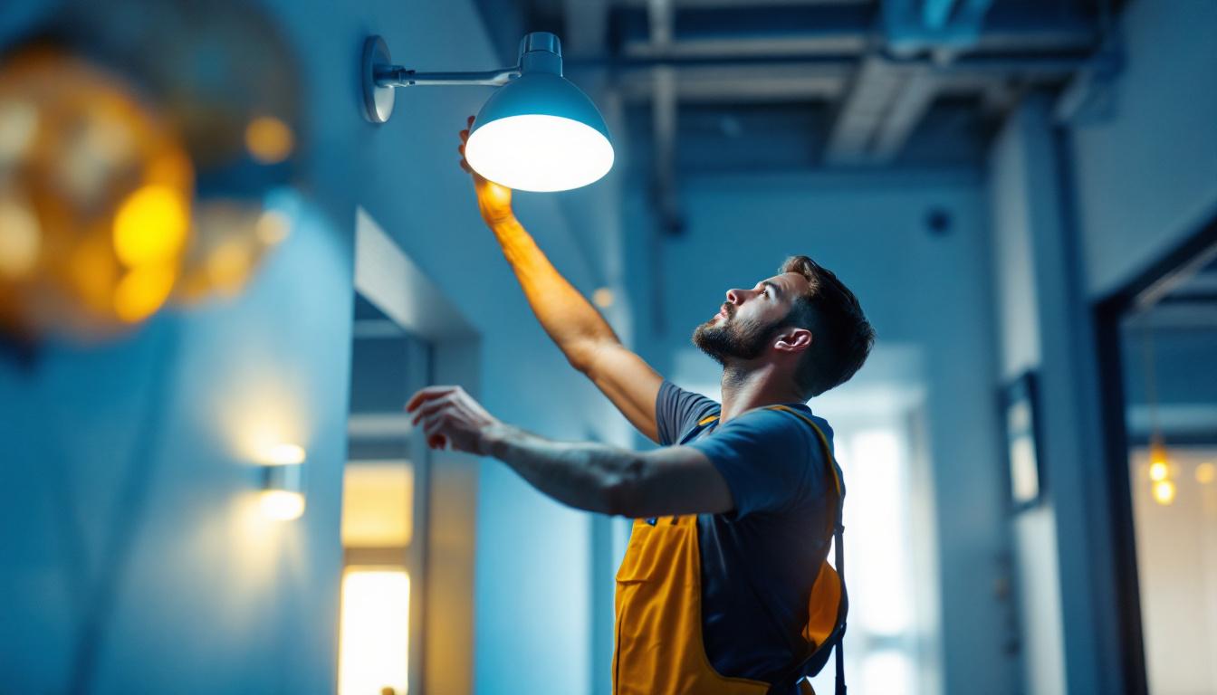 A photograph of a skilled lighting contractor expertly installing or adjusting a modern light fixture in a beautifully lit space