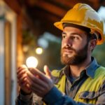 A photograph of a lighting contractor examining or installing a 25-watt to 60-watt type g outdoor led bulb in a well-lit outdoor setting