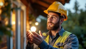 A photograph of a lighting contractor examining or installing a 25-watt to 60-watt type g outdoor led bulb in a well-lit outdoor setting