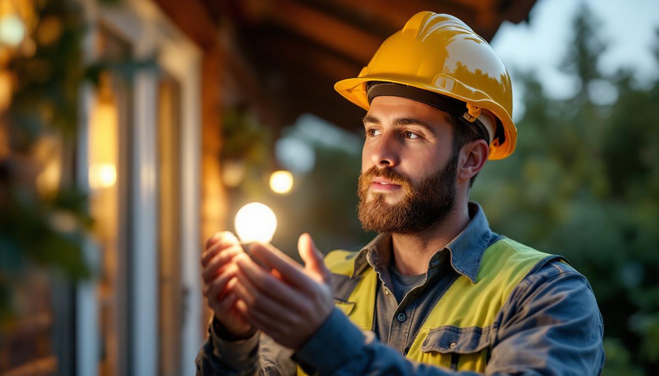 A photograph of a lighting contractor examining or installing a 25-watt to 60-watt type g outdoor led bulb in a well-lit outdoor setting