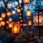 A photograph of a beautifully illuminated outdoor setting featuring an array of solar-powered chinese lanterns in various designs