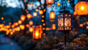 A photograph of a beautifully illuminated outdoor setting featuring an array of solar-powered chinese lanterns in various designs