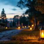 A photograph of a serene cemetery scene at dusk