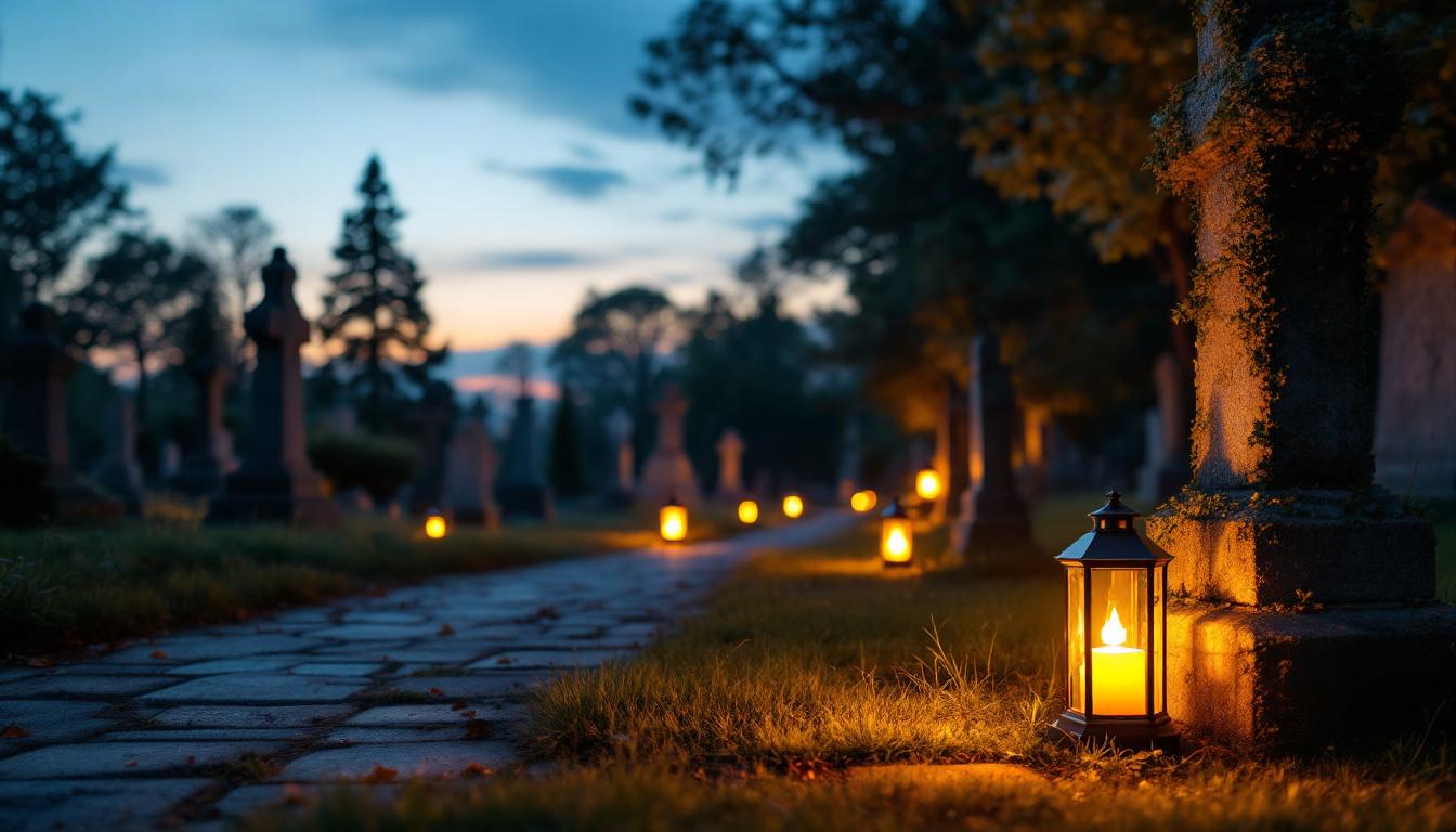 A photograph of a serene cemetery scene at dusk