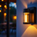 A photograph of a beautifully designed wall mount outdoor light fixture illuminating a cozy outdoor space