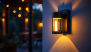 A photograph of a beautifully designed wall mount outdoor light fixture illuminating a cozy outdoor space