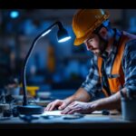 A photograph of a lighting contractor in action