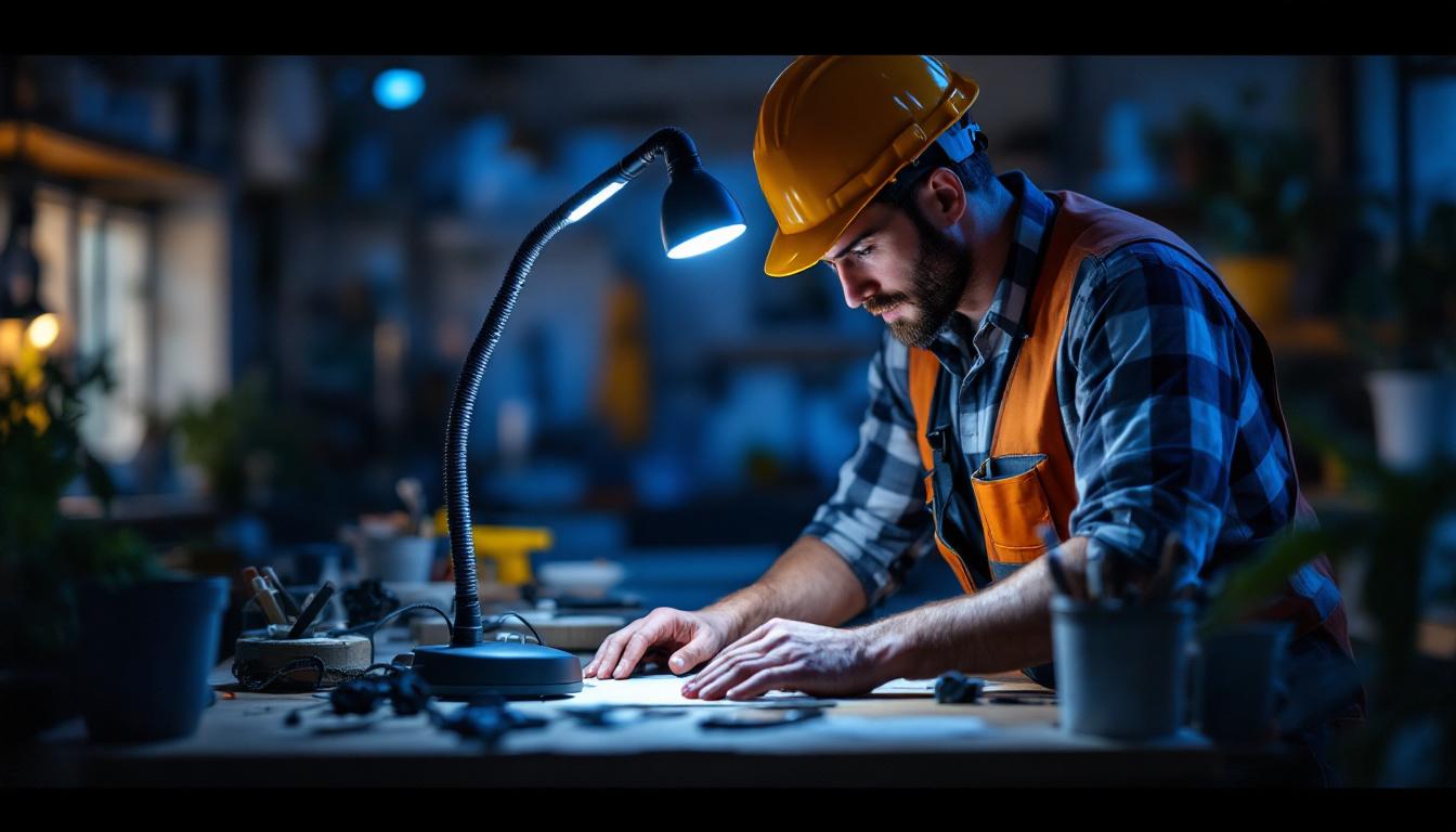 A photograph of a lighting contractor in action