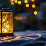 A photograph of a beautifully designed glass solar lantern illuminating a cozy outdoor setting