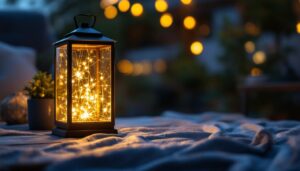 A photograph of a beautifully designed glass solar lantern illuminating a cozy outdoor setting