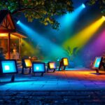A photograph of a vibrant outdoor scene featuring a variety of colored led flood lights illuminating a commercial or residential space