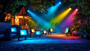 A photograph of a vibrant outdoor scene featuring a variety of colored led flood lights illuminating a commercial or residential space