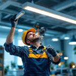 A photograph of a skilled lighting contractor installing a sleek utility light fixture in a modern workspace