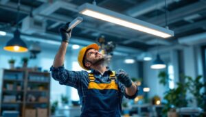 A photograph of a skilled lighting contractor installing a sleek utility light fixture in a modern workspace