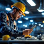 A photograph of a lighting contractor inspecting or installing a lamp ballast in a well-lit workspace