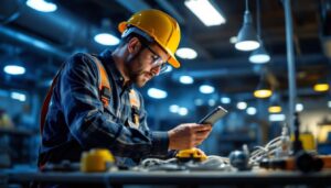 A photograph of a lighting contractor inspecting or installing a lamp ballast in a well-lit workspace