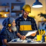 A photograph of a skilled lighting contractor assessing a residential or commercial space