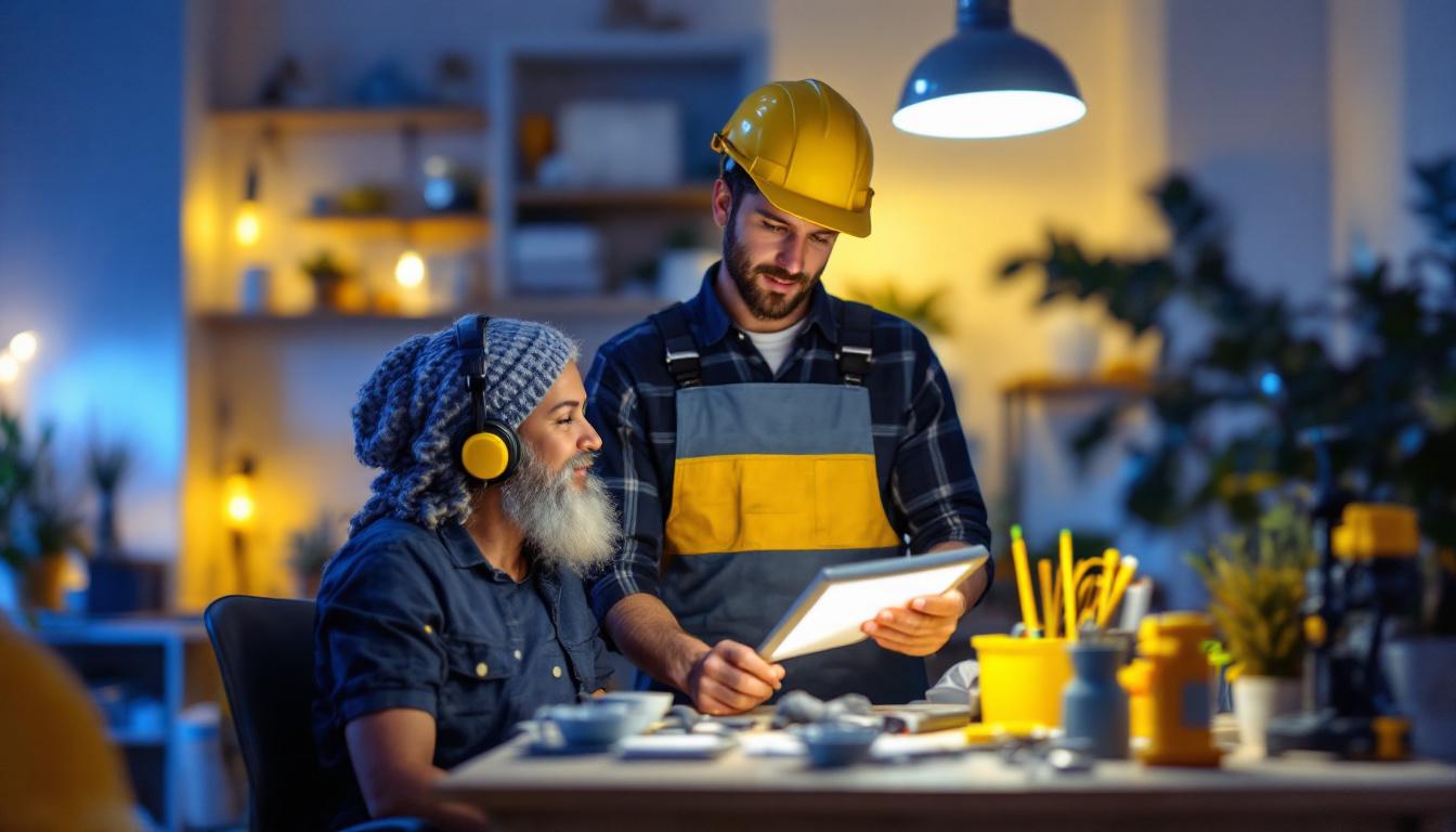 A photograph of a skilled lighting contractor assessing a residential or commercial space