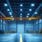 A photograph of a well-lit industrial space showcasing hyperlite high bay lights