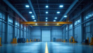 A photograph of a well-lit industrial space showcasing hyperlite high bay lights
