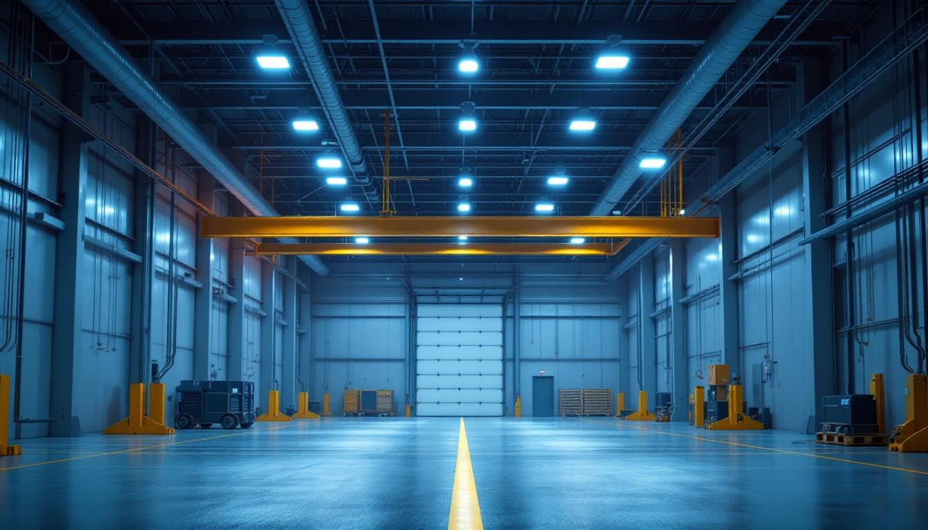 A photograph of a well-lit industrial space showcasing hyperlite high bay lights