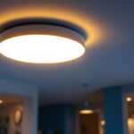 A photograph of a modern led ceiling surface mount light fixture installed in a stylish interior setting