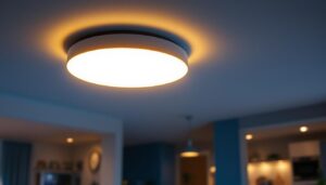 A photograph of a modern led ceiling surface mount light fixture installed in a stylish interior setting