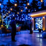 A photograph of a beautifully illuminated outdoor space featuring vibrant solar light strips