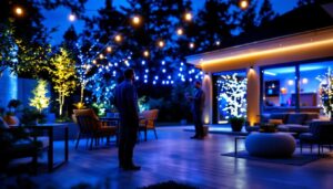 A photograph of a beautifully illuminated outdoor space featuring vibrant solar light strips