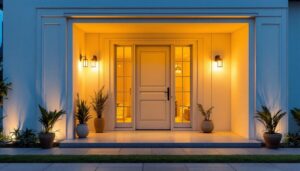 A photograph of a beautifully designed recessed porch with warm