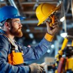 A photograph of a lighting contractor inspecting or installing a cfl light ballast in a commercial or residential setting