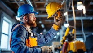 A photograph of a lighting contractor inspecting or installing a cfl light ballast in a commercial or residential setting