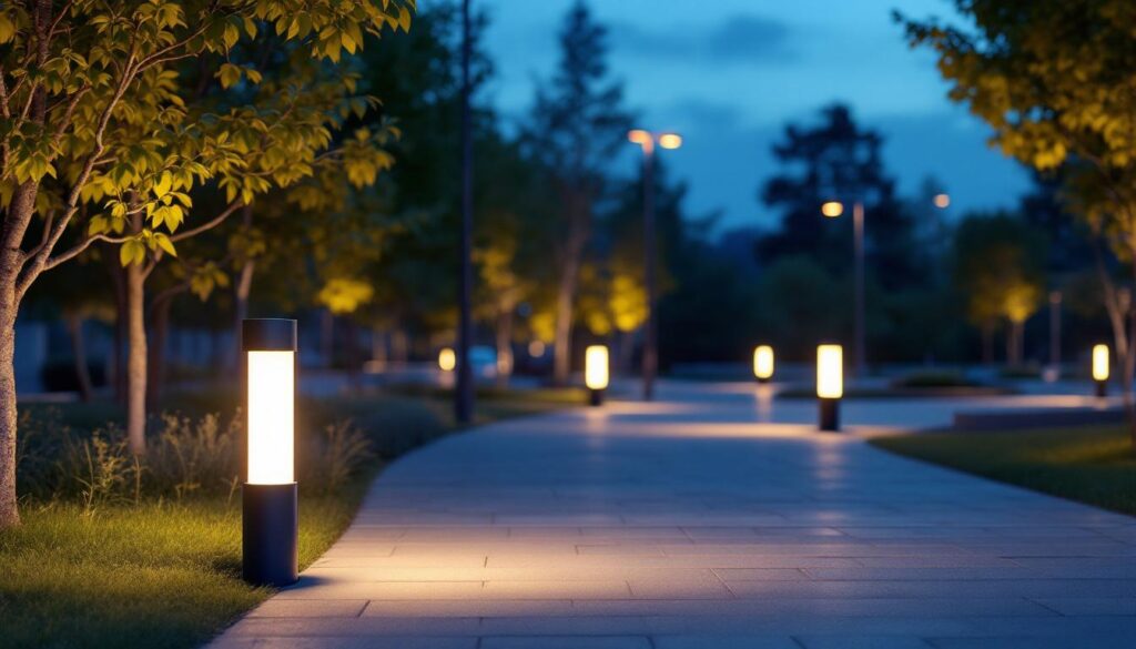 A photograph of a well-lit outdoor setting featuring various styles of lighting bollards in use