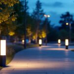 A photograph of a well-lit outdoor setting featuring various styles of lighting bollards in use
