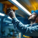 A photograph of a lighting contractor expertly installing or adjusting modern led fixtures in a commercial or residential setting