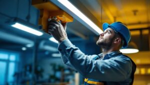 A photograph of a lighting contractor expertly installing or adjusting modern led fixtures in a commercial or residential setting